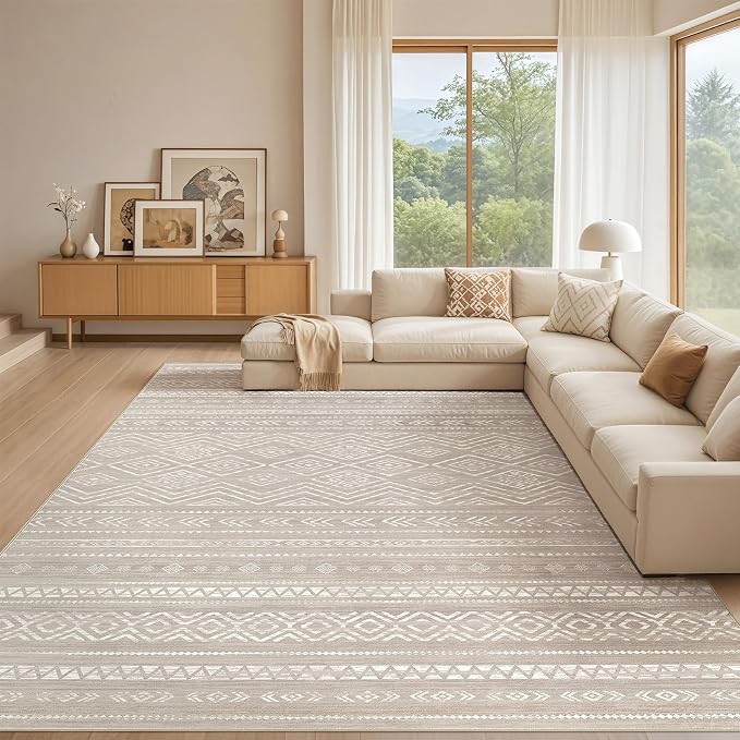 Tortania Area Rug Living Room Rugs - 10x14 Washable Large Soft Neutral Boho Moroccan Bohemian Farmhouse Rug Indoor Floor Carpet for Bedroom Under Dining Table Home Office Decor - Taupe