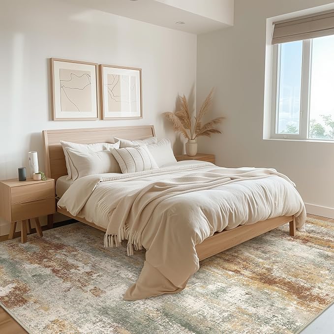 BEIMO Area Rugs 10x14 for Living Room Bedroom, Modern Abstract Machine Washable Rug, Large Soft Low Pile Floor Cover with Non Slip Backing for Dining Room, Orange Green