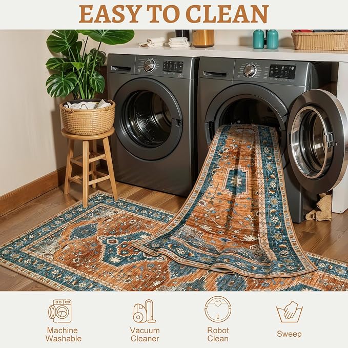 Tangsoo Oriental Small 2X3 Washable Rugs for Entryway, Vintage Non Slip Rug Carpet, Indoor Front Door Rug, Door Mat Indoor Entrance Soft Low Pile Throw Rugs for Entry Kitchen Bedroom Orange/Blue