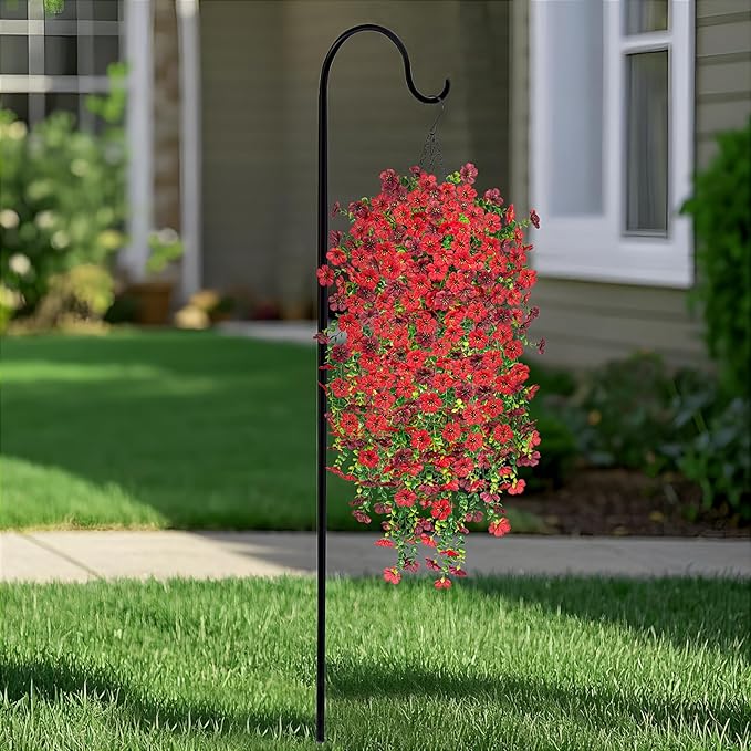 Hrobek Artificial Fake Hanging Plants Flowers for Spring Outdoor Outside Decor, Faux Mums Silk Realistic Flower, 2 Pcs UV Resistant Look Real Plastic Decorations for Porch Home Patio Balcony Yard