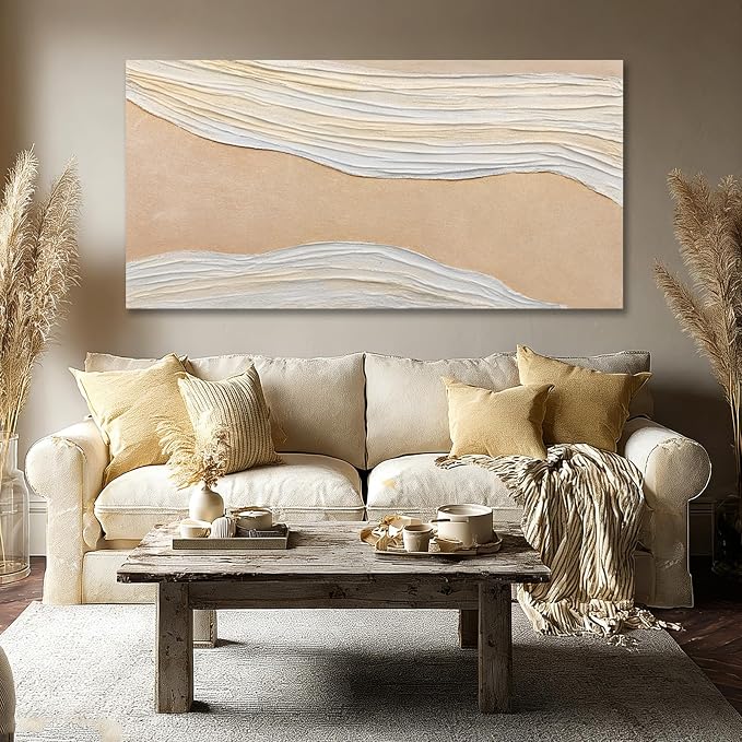 Dolidoteart Beige White Canvas Wall Art, Hand Painted Abstract Oil Painting, Large Neutral Textured Wall Decor for Living Room Bedroom, Horizontal 24x48 Inch