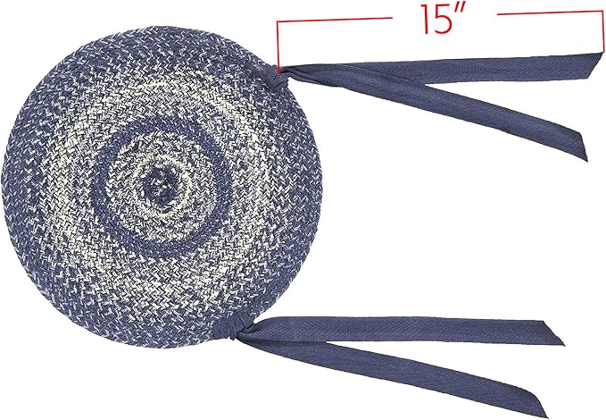 VHC Brands Great Falls Blue Round Seat Cushion Chair Pad, Blue White, Jute Blend with Ties, 15x15 Inches (Pack of 2)