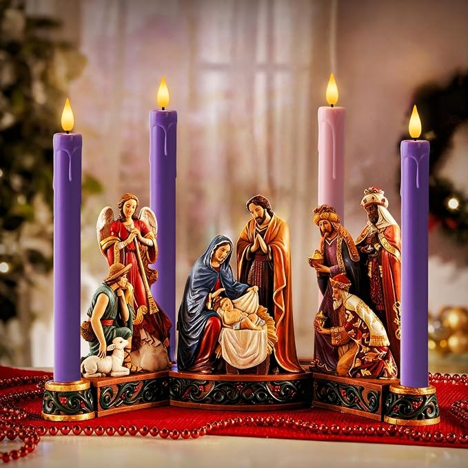 Homemory Flameless Advent Candles, Set of 4, Battery-Operated Flickering LED Candlesticks, Flameless Taper Candles with Remote Timer - 3 Purple, 1 Pink for Christmas Wreath
