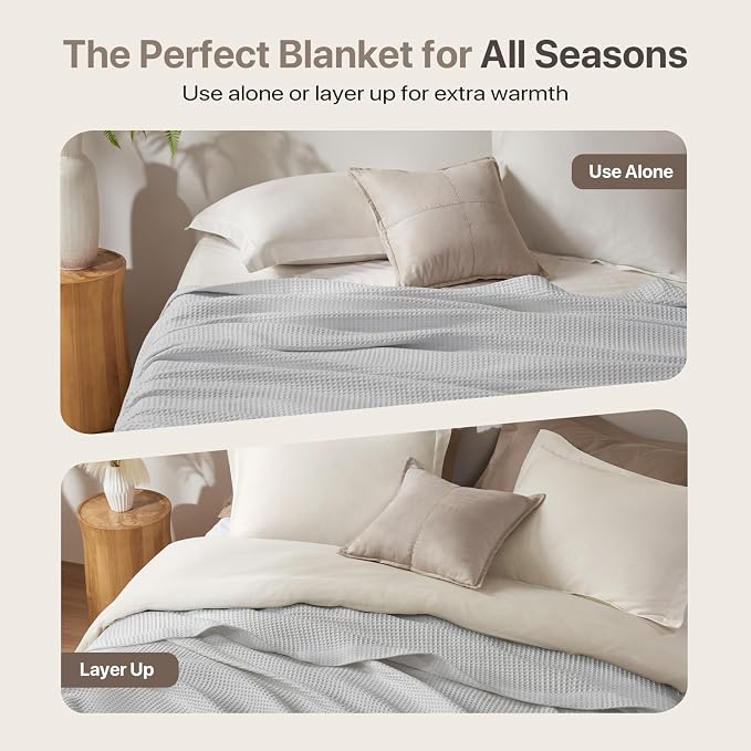Madison Park 100% Cotton Blanket, Trendy Woven Waffle Weave Design, All Season, Lightweight, Breathable, Soft and Cozy Casual Summer Cover, for Bed, Couch and Sofa, Full/Queen(90 in x 90 in), Grey
