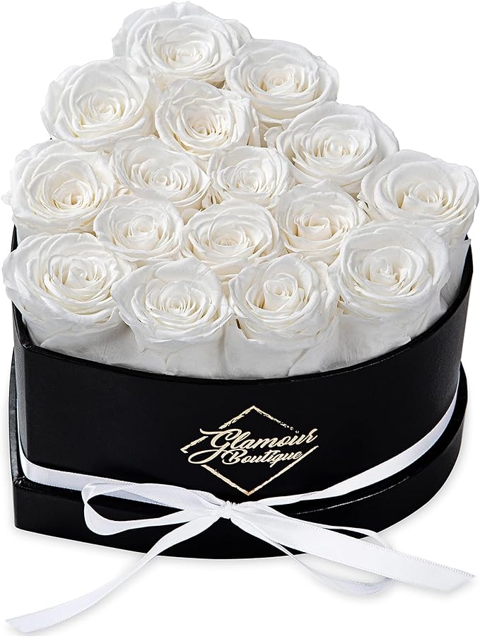 GLAMOUR BOUTIQUE 16 Flower Forever Heart Shape Box, Eternal Preserved Roses Gift for Her, Lasting Flowers, Romantic Floral Keepsake for Birthday, Anniversary or Valentine’s Day, White (Color-Treated)