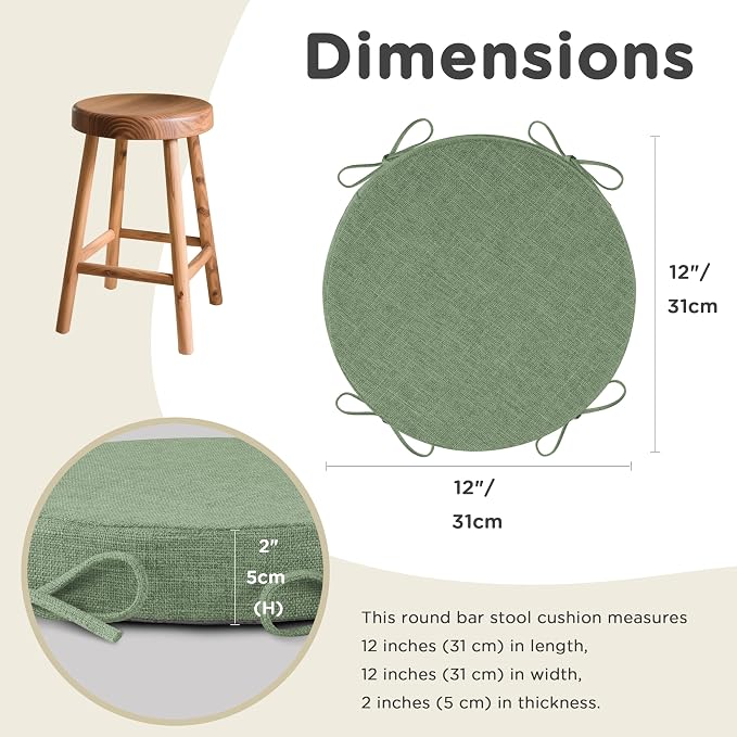 AddGrace Round Bar Stool Cushions with Ties Set of 1 Non Slip Seat Cushions 12x12 Inch Washable Chair Pads Removable Washable Cover Sage Green