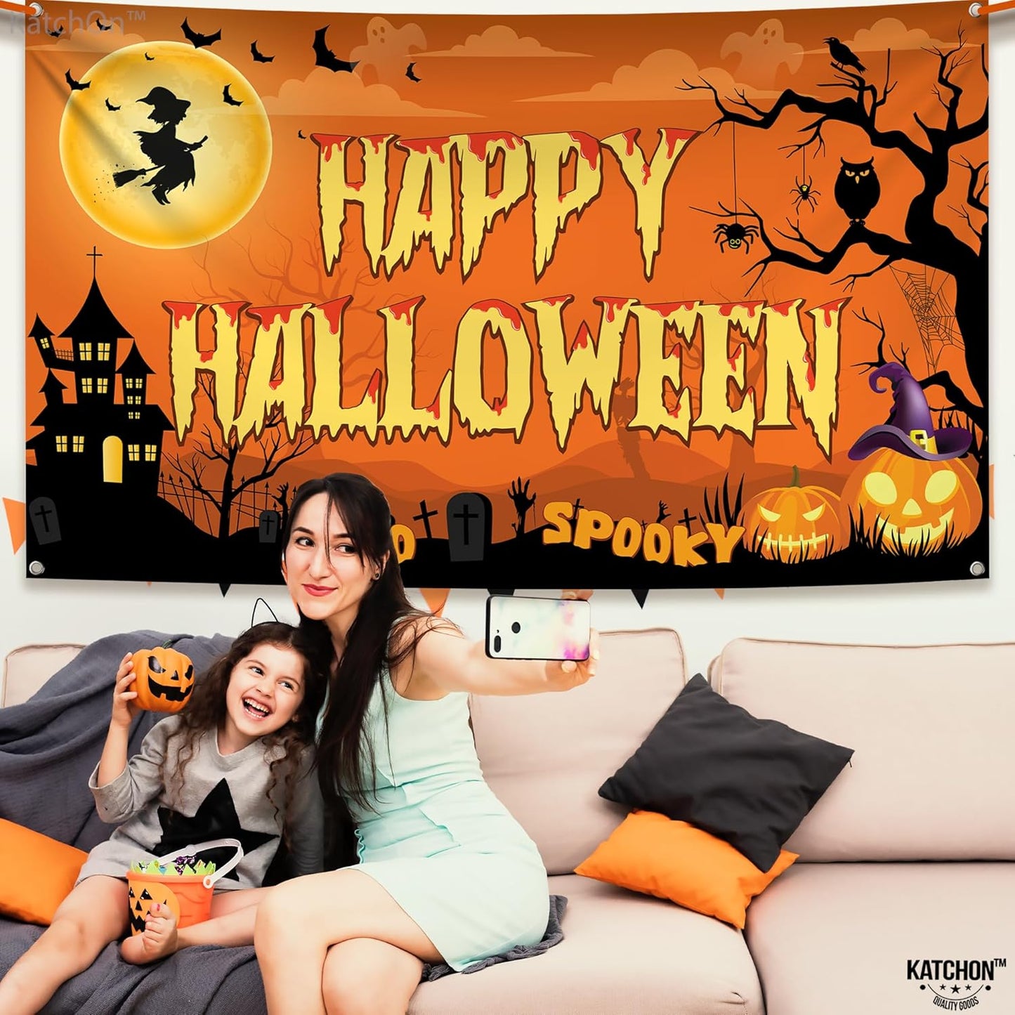 KatchOn Spooky Happy Halloween Banner - XtraLarge, 72x44 Inch | Orange Halloween Photo Backdrop for Decorations & Photography