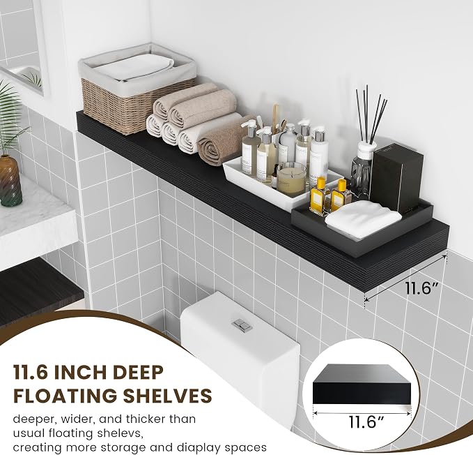 FLYJOE 48'' x 12'' x 2'' Black Floating Shelf Set of 1, 48 Inches Long Black Wood Shelves for Wall, 12 Inch Deep Rustic Shelves, Engineered Wood, Hardware Included, 50 Lbs Load Bearing Capacity