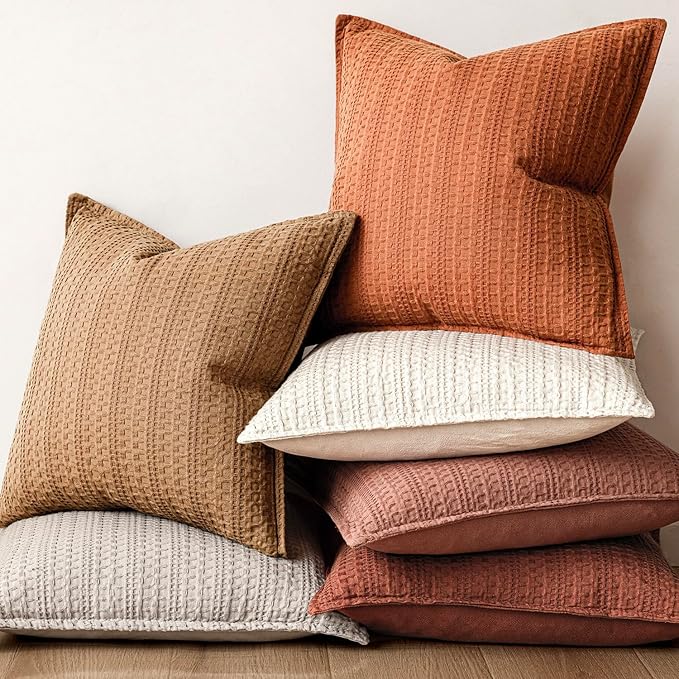 Foindtower Set of 2 Decorative Cotton Waffle Weave Throw Pillow Covers Euro Shams Cushion Covers Accent European Pillowcase for Bed Couch Sofa Bedroom Living Room Home Decor 24×24 Inch Burnt Orange