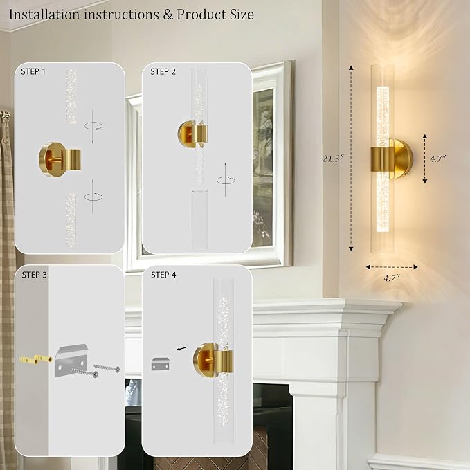 Morauroral Gold Battery Operated Wall Sconces Set of 2, Rechargeable Wall Sconce with Remote Control, 22 Inch Modern Wireless Wall Light for Bedroom, Living Room with Crystal Post Bulb Glass Shade