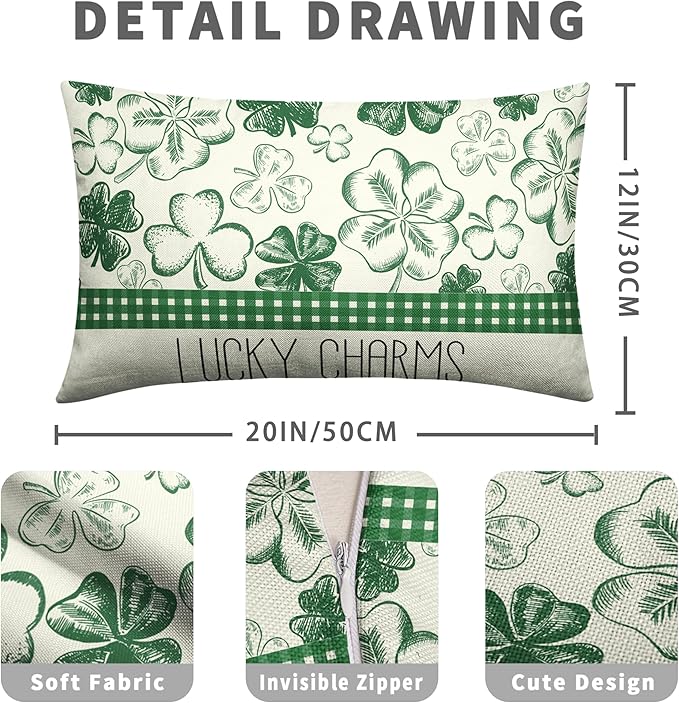 Green Lucky Charm Lumbar Pillow Covers 12x20 Set of 2 Hello Shamrocks St Patricks Day Throw Pillow Covers Clover Hat Cotton Linen Cushion Case for March Holiday Home Outdoor Decor Sofa