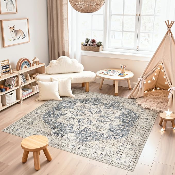 Tortania 8' Square Area Rug Living Room Rugs - Washable Boho Rug Vintage Oriental Distressed Farmhouse Large Thin Indoor Carpet for Bedroom Under Dining Table Home Office - Cream/Blue