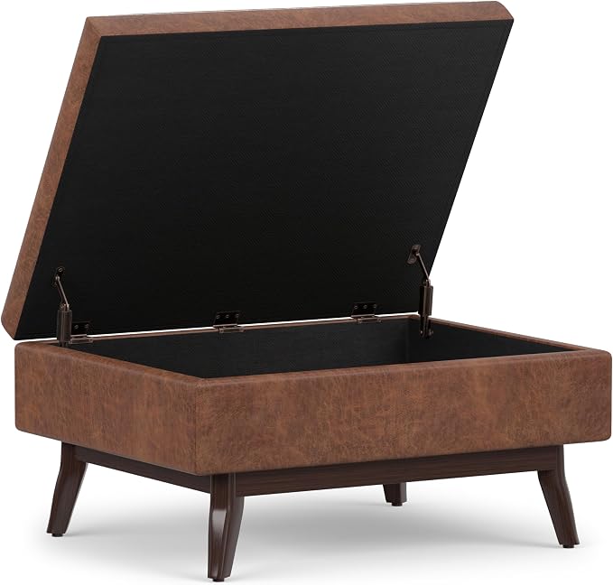 SIMPLIHOME Owen Coffee Table Storage Ottoman - 34" Wide x 19" High Upholstered Vegan Leather Rectangular Lift-Top Ottoman in Distressed Saddle Brown, Mid-Century Modern Bench with Tapered Legs