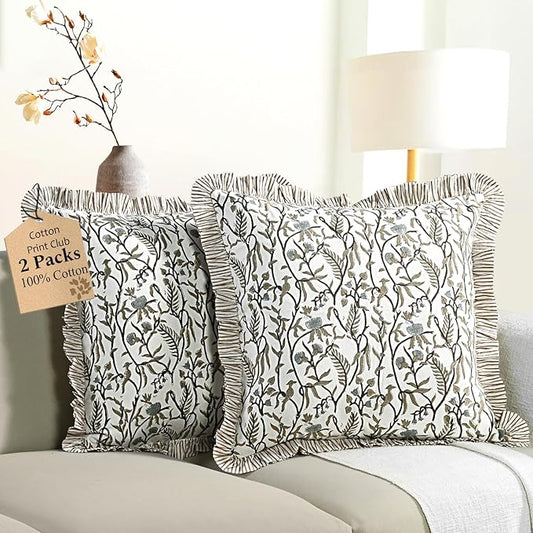 CPC Cocoa Vine Hand Block Print 100% Cotton Ruffle Throw Pillow Cover 18x18 inch with Hidden Zipper Decorative for Couch, Bed, Sofa, Farmhouse, Cottagecore Decor Gift Christmas Fall Thanksgiving