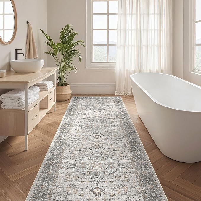 Runner Rug Kitchen Washable Rugs: 3x10 Non-Slip Boho Soft Vintage Stain Resistant Indoor Floor Neutral Farmhouse Throw Carpet for Hallway Bathroom Laundry Room Entryway Bedroom- Taupe