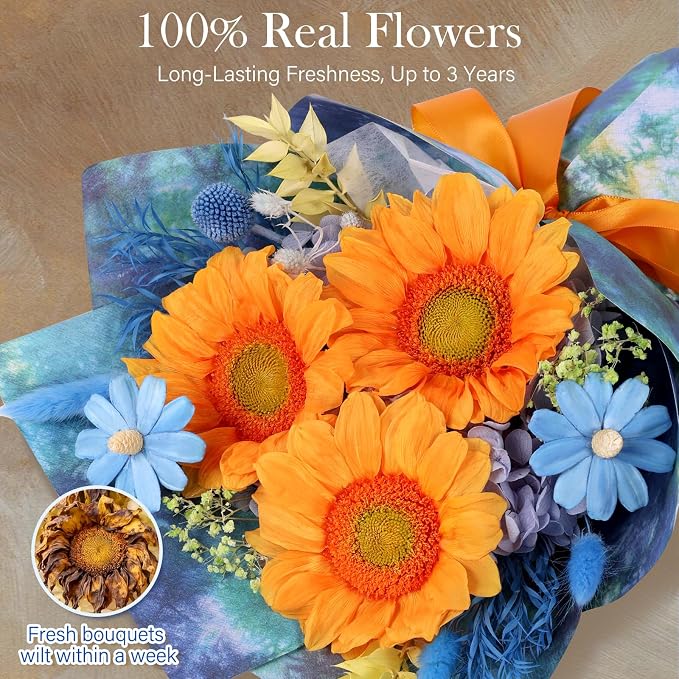 Forever Flowers for Delivery - Preserved Sunflowers Bouquet, Green Sunflowers that Last 3 Years, Eternal Flowers Bouquet, for Mom Grandma Wife, Anniversary Birthday Gifts for Women