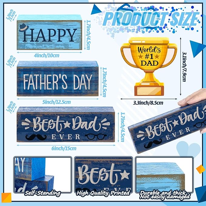 Yuntau 4 Pcs Father's Day Decorations Happy Father's Wooden Tabletop Tiered Tray Decor Rustic Best Dad Ever Trophy Wood Block Table Sign Centerpiece for Farmhouse Shelf Fireplace Birthday Party Gift