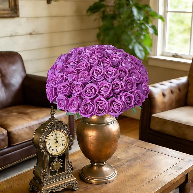 50 PCS Roses Artificial Flowers, Fake Roses with Stem Realistic Fuchsia Silk Roses for DIY Wedding Bouquets Table Centerpieces Arrangements Baby Shower Birthday Home Decor Valentine's Day Gift for Her