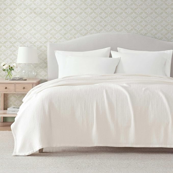 Martha Stewart - King Bed Blanket, 100% Cotton Textured Basket Weave Bedding, Breathable & Lightweight Blanket for Couch or Bed, Bedford Tile White