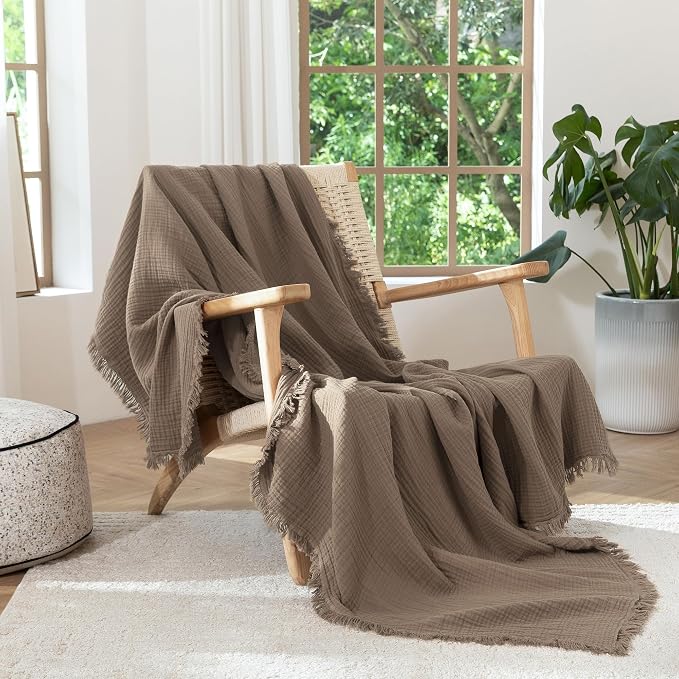 MooMee Muslin Blanket - 100% Cotton 4-Layer Gauze Throw Blanket with All-Around Fringe, Soft Breathable Lightweight Cooling Summer Blankets for Bed Couch(Brown, Queen 90" x 90")