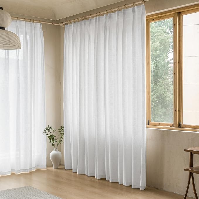 MAIHER Pinch Pleat Semi Sheer Curtains 108 Inches Long White Linen Blend Curtain for Living Room Patio Door Light Filtering Double Pinch Pleated Drapes with Hooks 1 Panel 54" W x 108" L