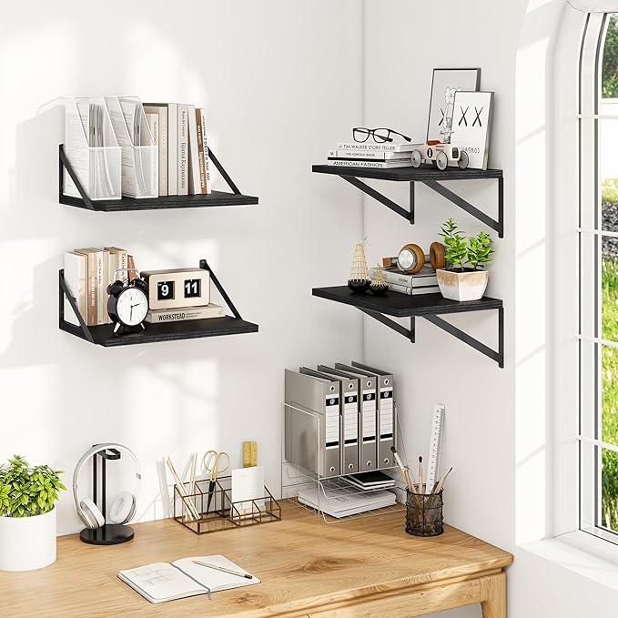 Heimlove 16W x 12D Wall Shelves, 12 Inch Deep Floating Shelves for Wall Set of 4, Wide Heavy Duty Shelves, Black Floating Shelves for Living Room Bedroom Bathroom Kitchen