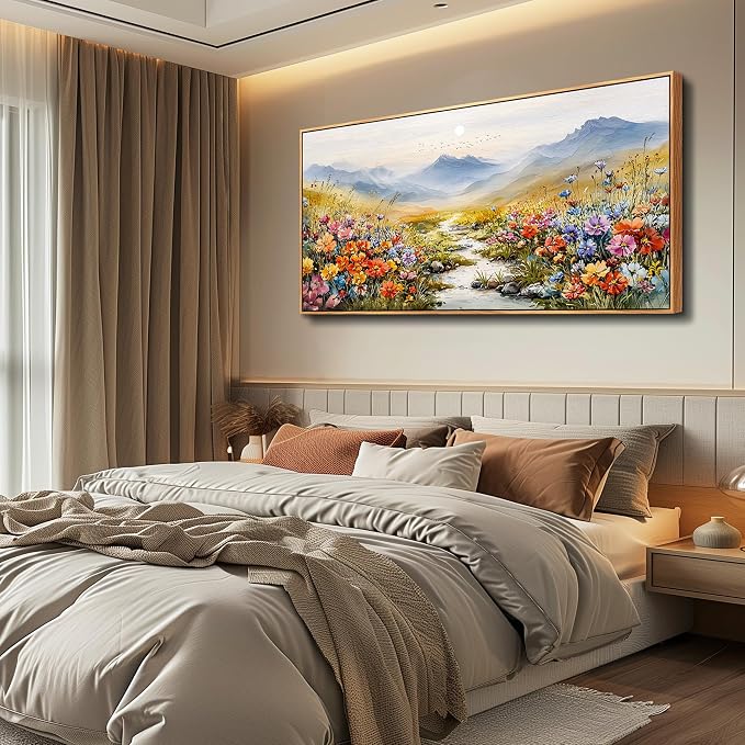 XIGUANGART Floral Wall Art, Large Framed Wall Art, Flower Pictures Wall Decor, Colorful Wildflowers Art Prints, Mountain Nature Landscape Paintings for Living Room Bedroom Kitchen Farmhouse 20"x40"