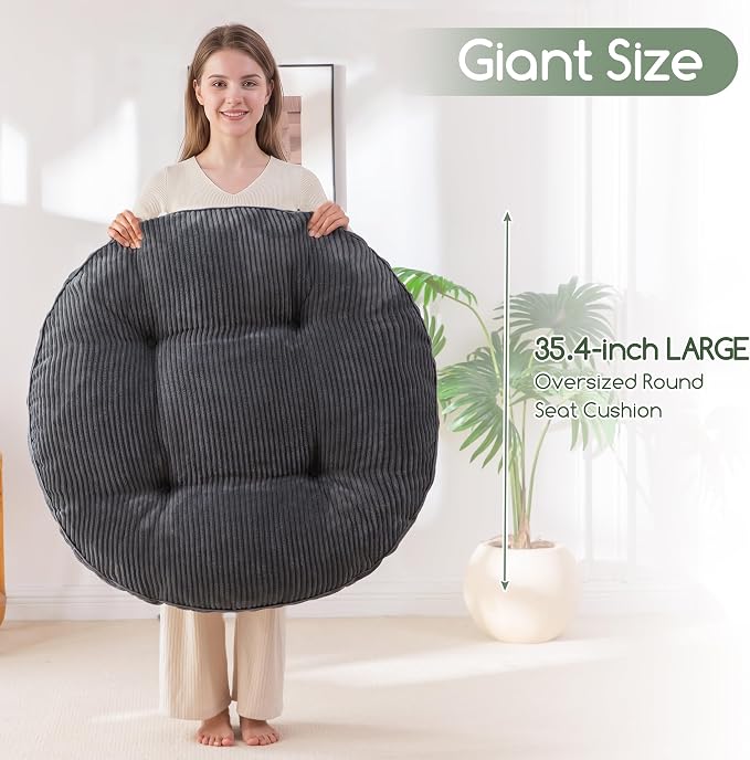 HIGOGOGO 35" Floor Pillow Cushion for Adults, Meditation Cushion Pillow, Extra Large Square Floor Sitting, Tufted Corduroy Cover for Tatami Living Room or Yoga, Dark Grey