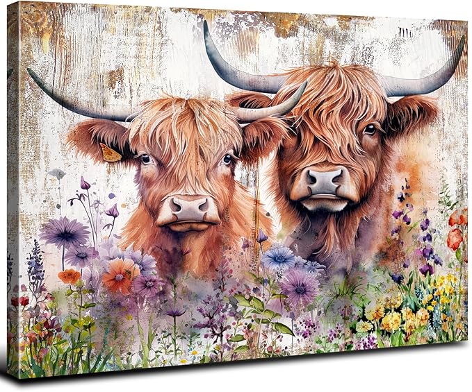 Rustic Highland Cow Wall Decor Watercolor Wildflower Cow Wall Art for Living Room Farmhouse Western Country Cattle Canvas Art Farm Animal Painting Cowboy Artwork Bedroom Bathroom Decoration 24x36"