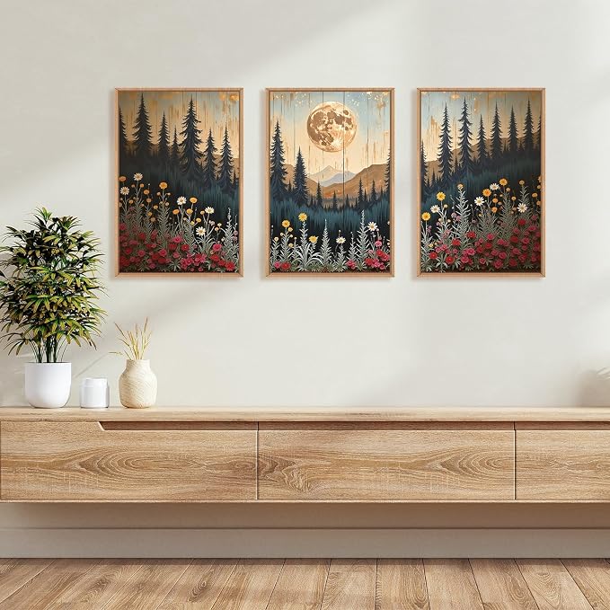 Vintage Moon Wildflower Framed Canvas Wall Art Set- 16''x24''x3 | Boho Forest Prints Mountain Landscape Nature Pine Tree Floral Night Decor Living Room Bedroom Office Home Decor