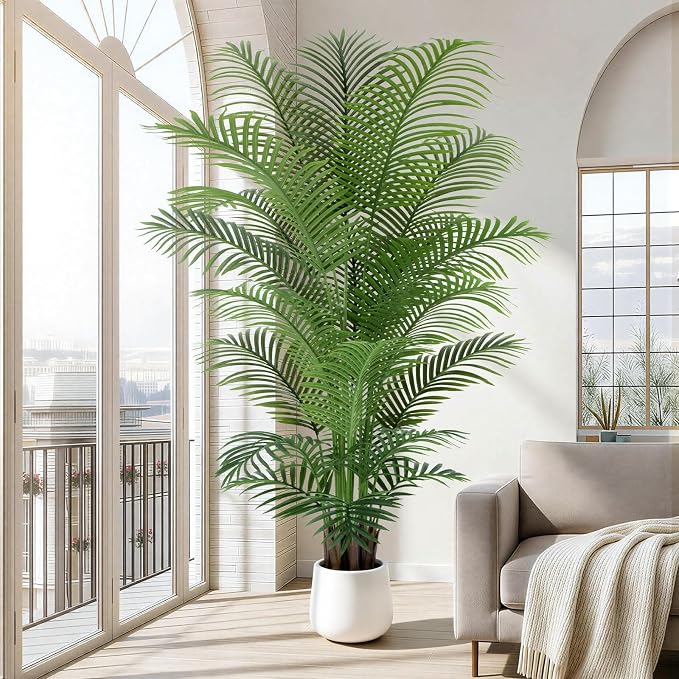 7ft Artificial Palm Tree Tall Faux Palm Tree Indoor Large Fake Plants with 21 Trunks Artificial Plants with White Pot Lifelike Leaves for Home Office Decor Living Rooms Bedrooms