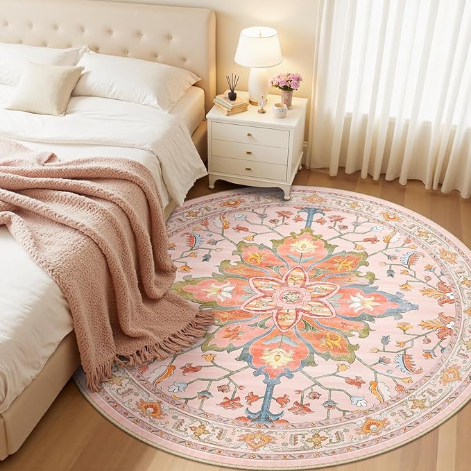 RELEANY Area Rugs 6ft Washable Non-Slip, Floral Vintage Distress Print Pattern Medallion Carpet for Living Room Bedroom Dining Room, Light Pink Colorful