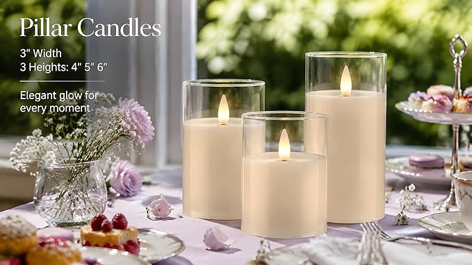 Glass Flameless Pillar Candles Flickering with Remote Timer, Battery Operated LED 3D Moving Flame Real Wax Candles,Remote Included (Ivorywhite)