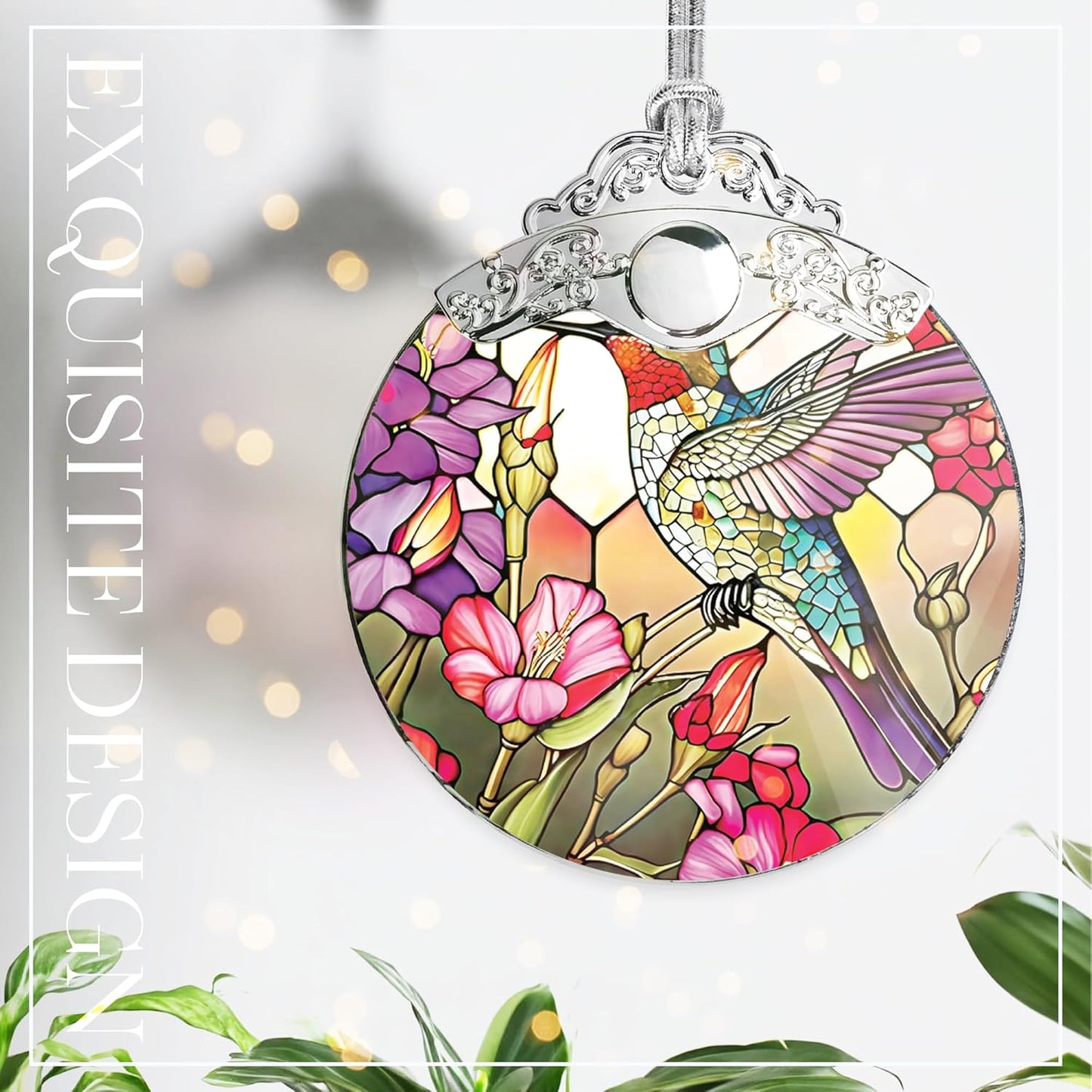 2025 Christmas Ornament, Stained Glass Effections, Christmas Tree 4 Inch Acrylic Ornament Art, White Elephant Gifts Car Interiors Decors, Christmas Decor (Radiant Hummingbird)