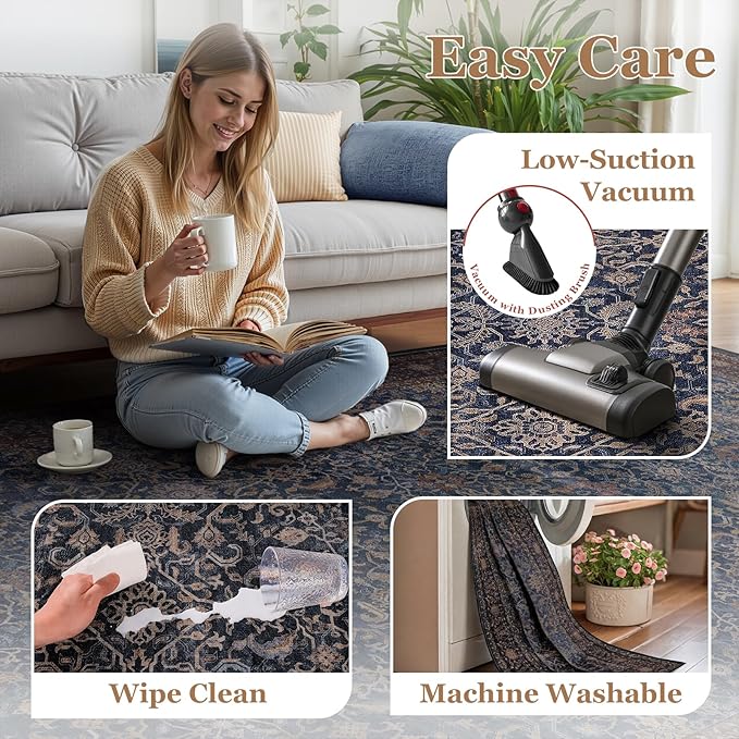Dark Blue 2x6 Washable Runner Rug Non Slip, Old Money Aesthetic Carpet Runners for Hallway Kitchen 6ft Vintage Maximalist, Low Pile Thin Print Entryway Runner for Bathroom Mudroom Bedroom