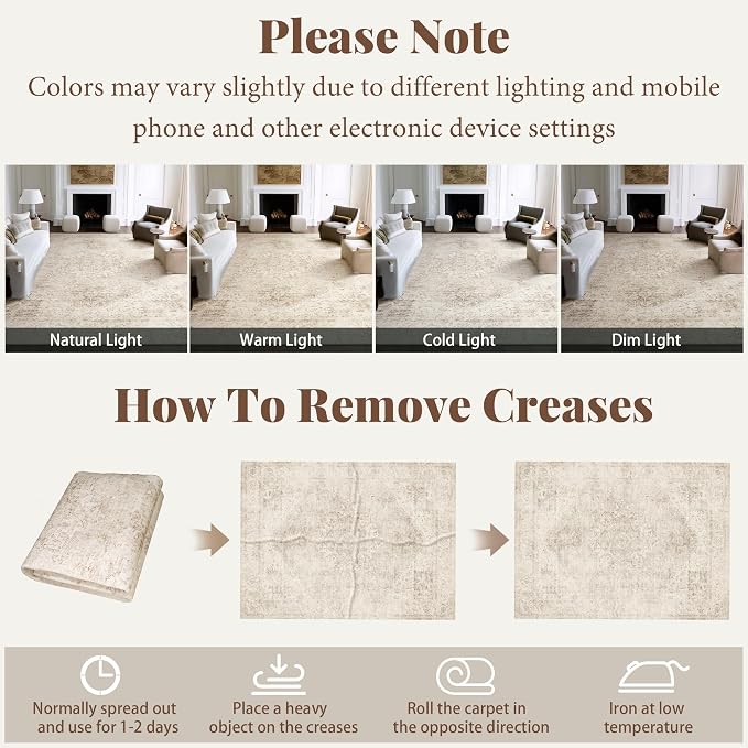 Machine Washable Rugs for Living Room: 9x12 Area Rugs for Bedroom Ultra Soft Non-Slip Low Pile Vintage Distress Boho Large Carpet for High-Traffic Dining Room - Farmhouse Decor