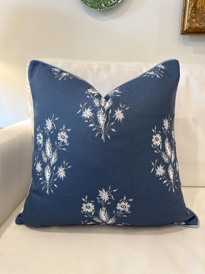 Jillien Harbor “The Norfolk” Dark Blue & White Floral Block Print Pillow Cover – Dark Blue Decorative Throw Pillow Cover – Grandmillennial Home Decor, 20" x 20"