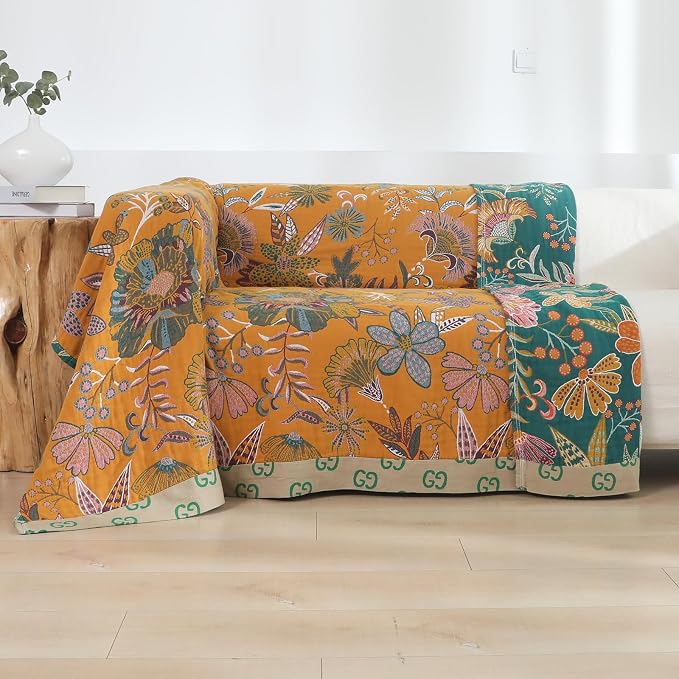 100% Cotton Boho Throw Blanket,4-Layer Gauze Woven Breathable Soft Muslin Blanket with Vintage Floral Design & Yellow/Green,Lightwight Breathable Decor Blanket, Perfect as Bed Sofa Quilt 60" x 80"