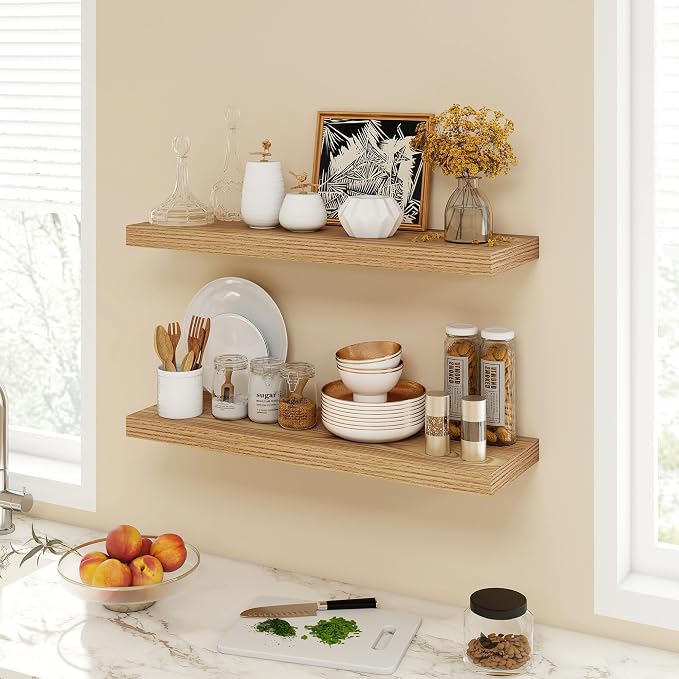 Acovy 30 Inch Floating Shelves, 9.3" Deep Floating Shelf Wall Mounted, 30" Wall Shelves, Rustic Deep Bookshelf, Large Display Shelves & Storage Shelves for Bedroom, Living Room, Light Brown, Set of 2