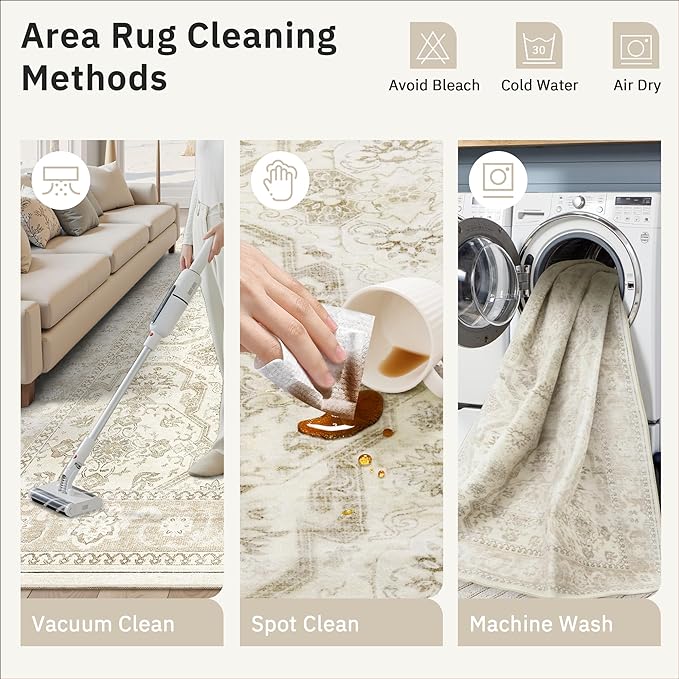 Soalmost 10x14 Area Rugs for Living Room, Non Slip Machine Washable Vintage Rugs, Low Pile Lightweight Large Rug for Bedroom, Dining Room, Home Office Beige/Brown