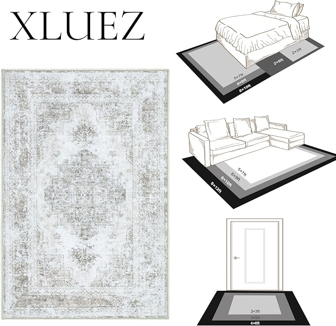 XLUEZ Area Rug 9x12 Living Room Rug, Machine Washable Vintage Distressed Medallion Rug Non-Slip Soft Low Pile Large Indoor Rugs for Bedroom Kitchen Dining Room Office(Taupe,9'x12')
