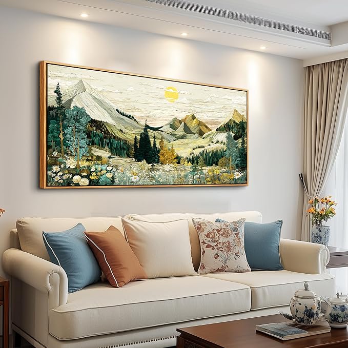 XIGUANGART Mountain Framed Wall Art,Large Canvas Wall Art - Floral Abstract Painting Decor, Vintage Flower Boho Pictures,Modern Rustic Farmhouse Landscape Art Prints for Bedroom Office Home Decoration