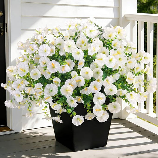 Hrobek Artificial Flowers for Outdoors, 12 Bundles Fake Plastic Petunias Flower Plant, Faux Colorful Silk Morning Glory for Outside Planter Garden Front Porch Door Spring Summer Decor,White
