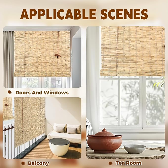 Reed Roller Blinds Shades, Vertical Lifting and Breathable Waterproof Design, Sun Shade and Ventilation, Easy Installation,72" Wx72 H