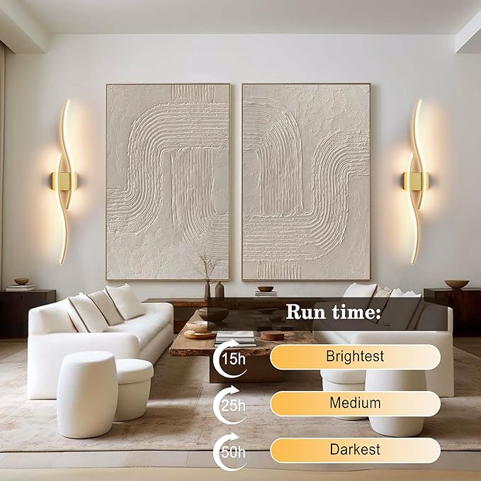 KARTOOSH Battery Operated Wall Sconces Set of Two with Remote Control, Dimmable/3 Colors/Night-Light/Timer/Memory, Gold Modern Wireless LED Sconce for Living Room, Hallway, Bedroom, 39.3 Inch (2 Pack)