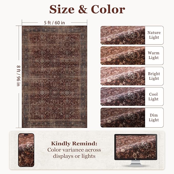 Brick Red 5x8 Washable Rug, Vintage Distressed Area Rugs for Living Room Bedroom Non Slip, Low Pile Thin Carpet Rug for Dining Room/Kitchen/Home Office/Den, Earth Tone Rustic Brick Color