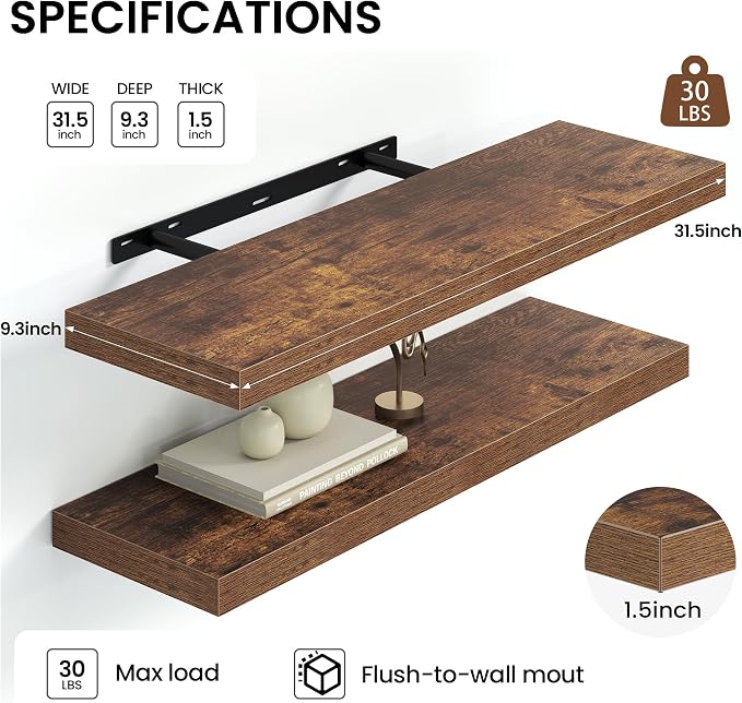 Heimlove 32 Inch Floating Shelves for Wall,Rustic Brown 9.3" Deep Floating Shelf Set of 2,Wall Mounted Shelves for Bathroom Bedroom Living Room Kitchen Office,Shelf for Books Storage Room,Home Decor