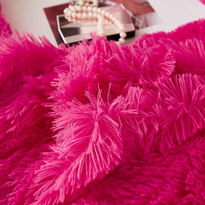 Faux Fur Velvet Fluffy Bedding Duvet Cover Set Down Comforter Quilt Cover with Pillow Sham, Ultra Soft Warm (Twin, Hot Pink)