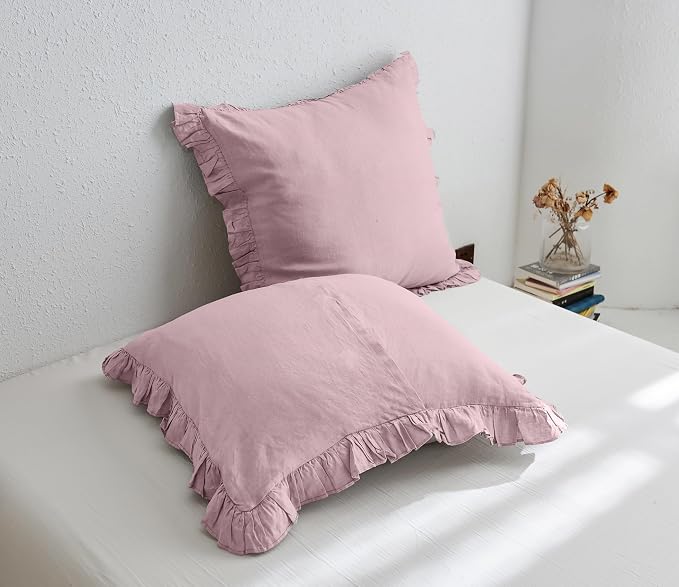 Simple&Opulence 100% Linen Euro Sham Covers with Ruffle, 26x26 Inch Pillow Covers Set of 2, Euro Pillow Shams for Bed Couch French Home Decor Luxury and Breathable Square Pillow Cases, Blush Pink