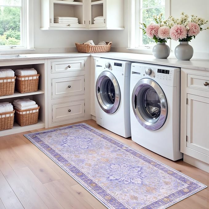 RELEANY Area Rugs 2'x6' Runner Rug Non Slip Washable for Kitchen Hallway Bedroom Beside Laundry Room Bathroom Rug, Floor Carpet, Light Purple Brown